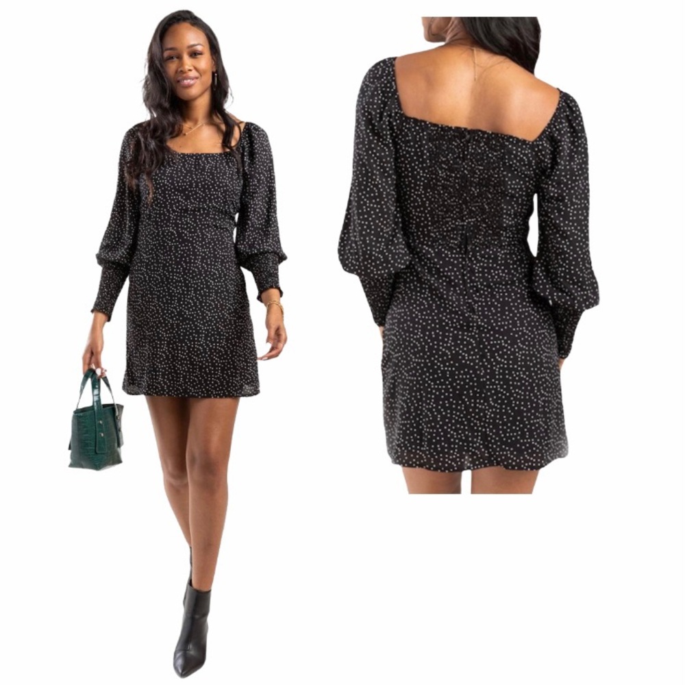 3X Womens Dresses Mi Ami Dotted Black short smocked Polka Dot Long Sleeves NWT